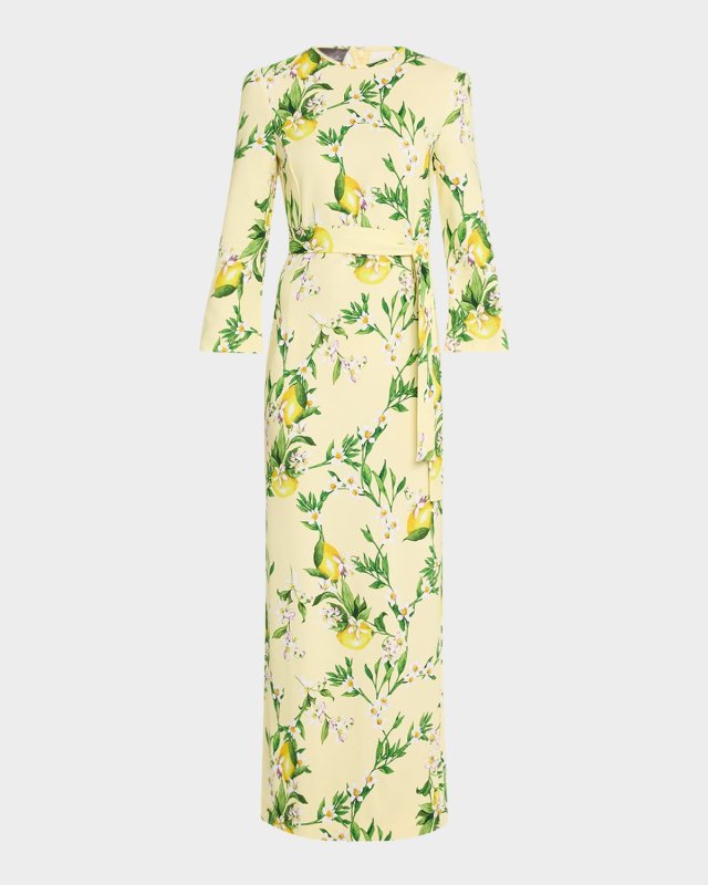 Lemon-Print Bracelet-Sleeve Sheath Maxi Dress
